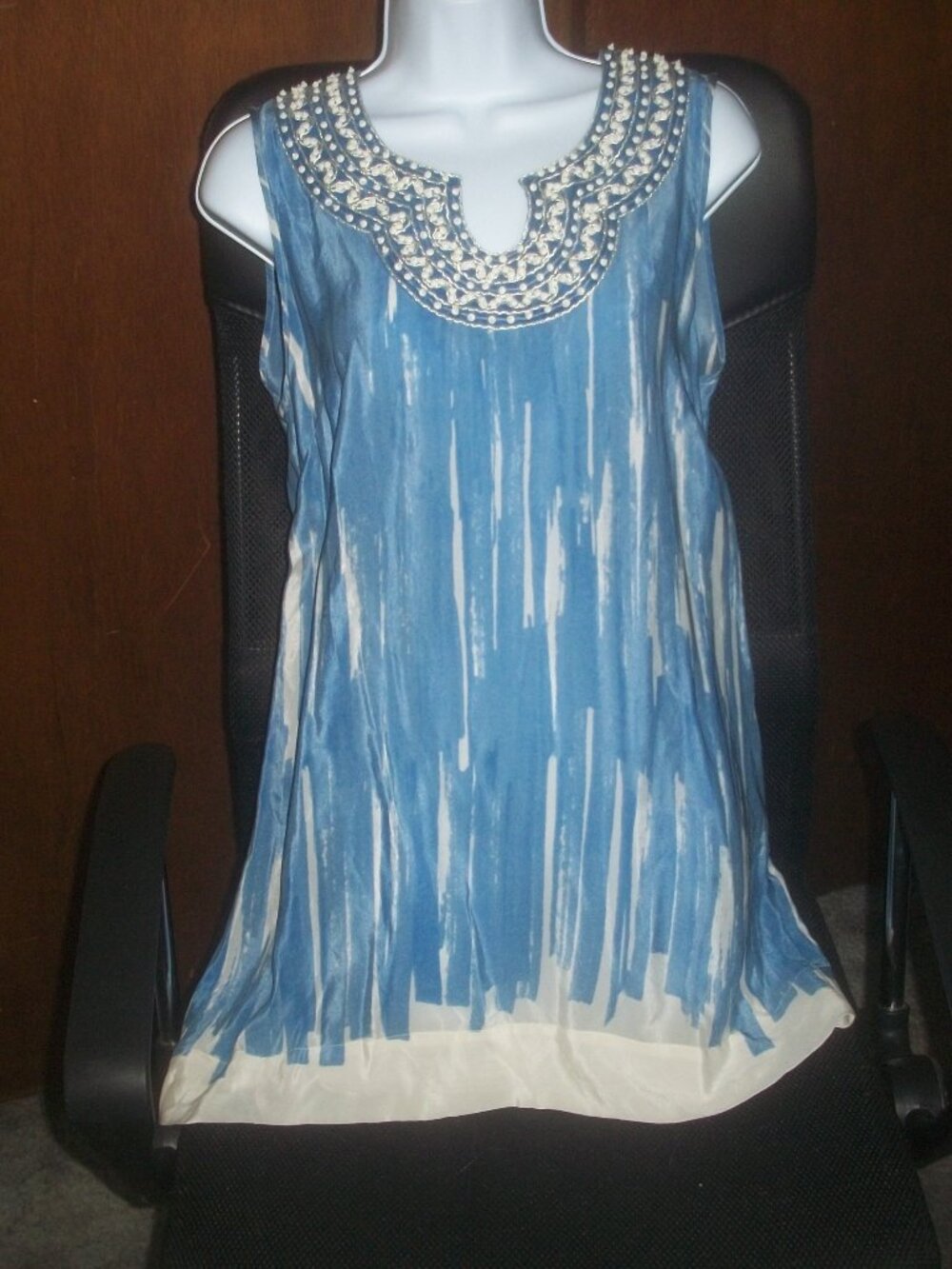 womens silk summer dress.Sky blue.beaded.shift.slip dress.size large
